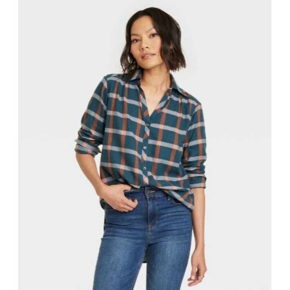 Knox Rose Women's Long Sleeve Button-Down Tunic Shirt Navy Blue Plaid Medium